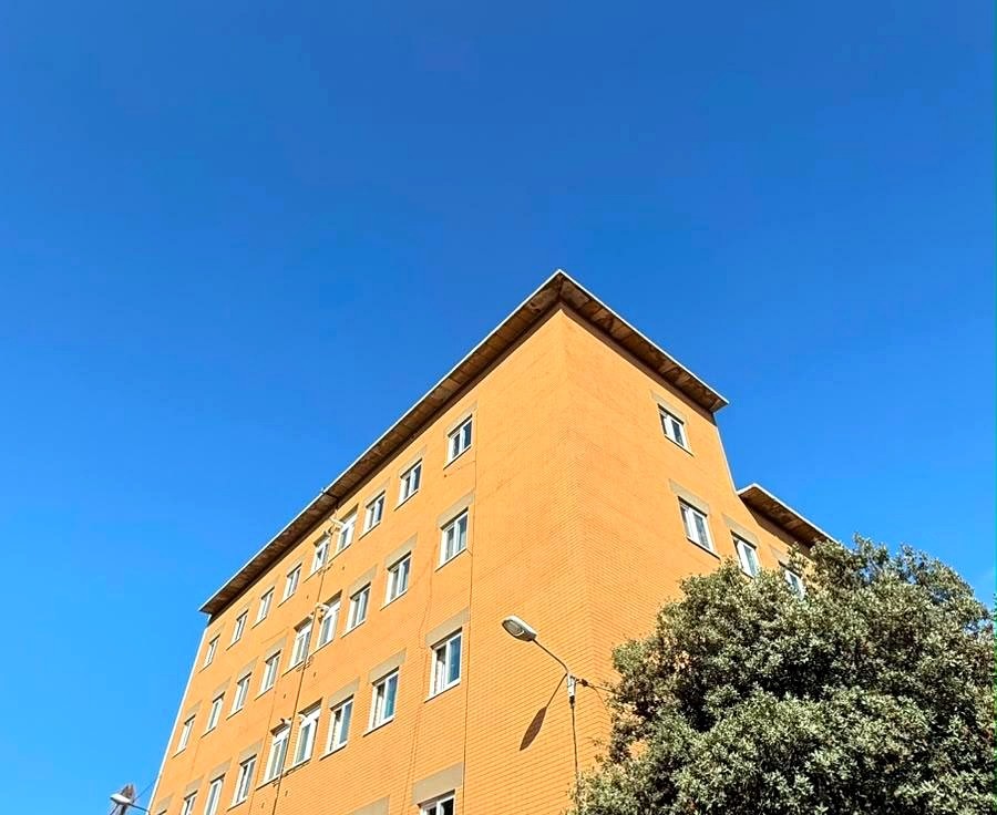 Vista de conjunto del edificio con el acabado de imitación de obra vista